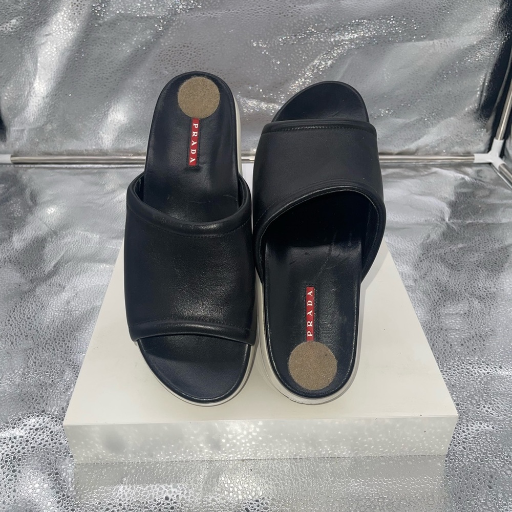 Prada Women's Open Toe Leather Slip on Platform Sandal Shoes